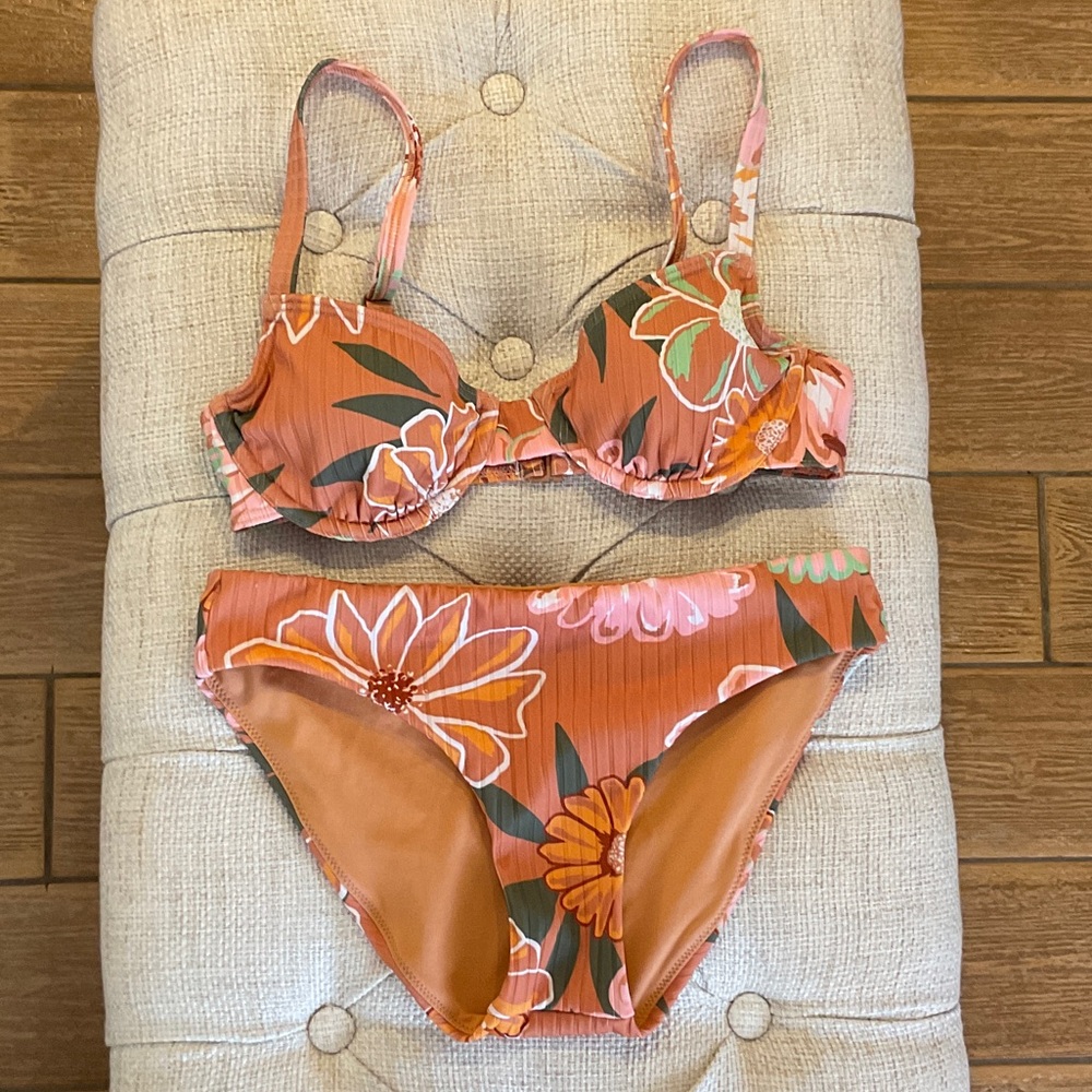 Roxy Orange Swim Top with Green Floral Accent